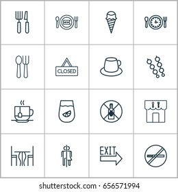 Icons Set. Collection Of Coffee Cup, Stick Batbecue, Meal Hour And Other Elements. Also Includes Symbols Such As Cafe, Eating, Cream.