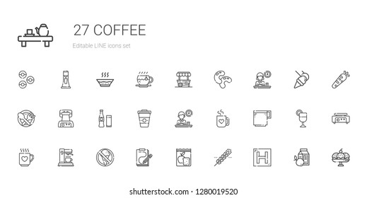 icons set. Collection of coffee with hotel, cereal, meal, sketch, no food, coffee maker, drink, coffee cup, mug, breakfast, beverage. Editable and scalable coffee icons.