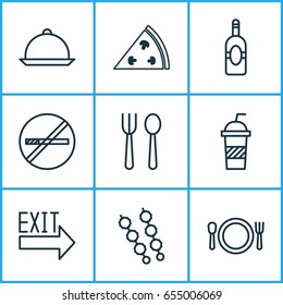 Icons Set. Collection Of Dining, Soda, Cutlery And Other Elements. Also Includes Symbols Such As Restrict, Bar, Kebab.