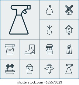 Icons Set. Collection Of Duchess, Floweret, Bugbear And Other Elements. Also Includes Symbols Such As Scarecrow, Pot, Windfall.