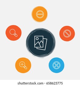 Icons Set. Collection Of Exit, Research, Landscape Photo Elements. Also Includes Symbols Such As Magnifier, Landscape, Block.