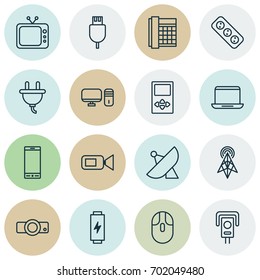 Icons Set. Collection Of Extension Cord, Notebook, Socket And Other Elements. Also Includes Symbols Such As Signal, Video, Presentation.