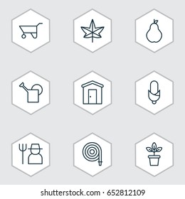Icons Set. Collection Of Farmhouse, Flowerpot, Bailer And Other Elements. Also Includes Symbols Such As Ranch, Labor, Windfall.