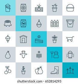 Icons Set. Collection Of Flowerpot, Windmill, Sweet Berry And Other Elements. Also Includes Symbols Such As Barn, Field, Bloom.