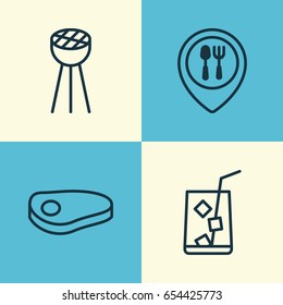 Icons Set. Collection Of Food Mapping, Steak, Lemon Juice And Other Elements. Also Includes Symbols Such As Bbq, Meat, Juice.