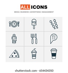 Icons Set. Collection Of Fork Knife, Lolly, Restroom And Other Elements. Also Includes Symbols Such As Steak, Fork, Pizzeria.