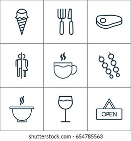 Icons Set. Collection Of Fork Knife, Tea, Steak And Other Elements. Also Includes Symbols Such As Kebab, Utensil, Barbecue.