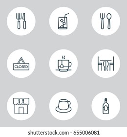 Icons Set. Collection Of Fork Knife, Hooch, Hot Drink And Other Elements. Also Includes Symbols Such As Eating, Drink, Alcohol.