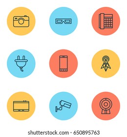 Icons Set. Collection Of Gadget, Socket, Spectacles And Other Elements. Also Includes Symbols Such As Video, Spectacles, 3D.