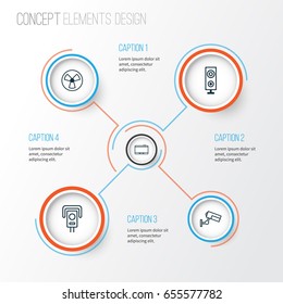 Icons Set. Collection Of Gadget, Ventilator, Security Camera And Other Elements. Also Includes Symbols Such As Camera, Megaphone, Control.