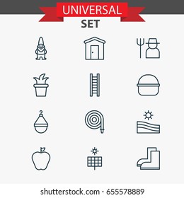 Icons Set. Collection Of Gardening Shoes, Fire Tube, Hanger And Other Elements. Also Includes Symbols Such As Gardening, Sun, Hose.