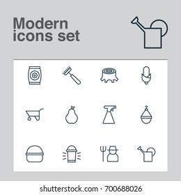 Icons Set. Collection Of Hang Lamp, Rake, Fertilizer And Other Elements. Also Includes Symbols Such As Water, Pitchfork, Rake.