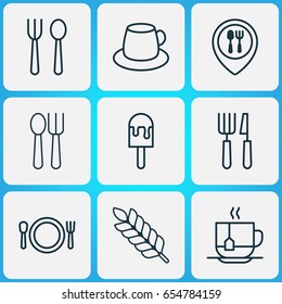 Icons Set. Collection Of Hot Drink, Cutlery, Wheat And Other Elements. Also Includes Symbols Such As Cup, Tea, Plant.
