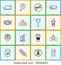 Icons Set. Collection Of Lemon Juice, Steak, Stop Smoke And Other Elements. Also Includes Symbols Such As Roast, Lemonade, Drink.