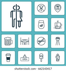 Icons Set. Collection Of Mocha, Food Mapping, Dining Room And Other Elements. Also Includes Symbols Such As Grill, Alcohol, Wc.