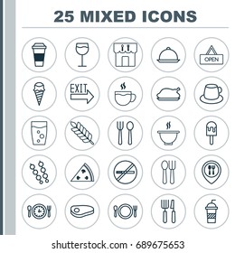 Icons Set. Collection Of Mocha, Soda, Chicken Fry And Other Elements. Also Includes Symbols Such As Sundae, Glassware, Soup.