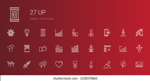 up icons set. Collection of up with mountain, lipstick, hot air balloon, like, balloon, rising, balloons, crane, startup, bar chart, wake up, ballons. Editable and scalable icons.