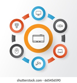 Icons Set. Collection Of Notebook, Surveillance, Cursor Mouse And Other Elements. Also Includes Symbols Such As Gadget, Camera, Control.