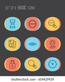 Icons Set. Collection Of Research, Refuse, Time And Other Elements. Also Includes Symbols Such As Magnifying, Browse, Check.