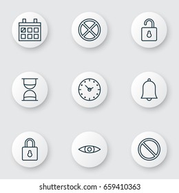 Icons Set. Collection Of Safeguard, Hourglass, Alert And Other Elements. Also Includes Symbols Such As Date, Unlock, Siren.