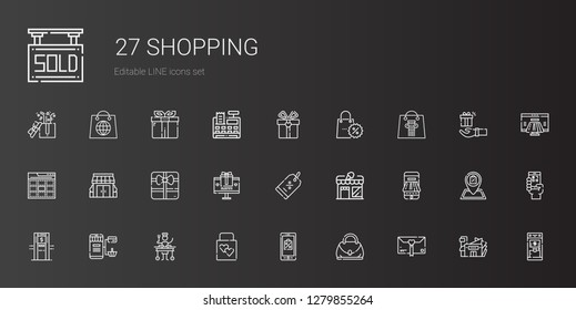 icons set. Collection of shopping with gift, hand bag, mobile shopping, wedding gift, large, online shopping, atm, payment method. Editable and scalable shopping icons.