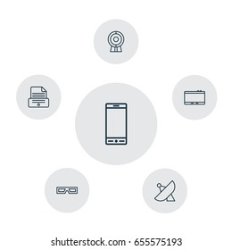 Icons Set. Collection Of Spectacles, Print Device, Web Discussing And Other Elements. Also Includes Symbols Such As Smartphone, Glasses, Telephone.