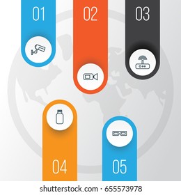 Icons Set. Collection Of Spectacles, Switch, Video Camcorder And Other Elements. Also Includes Symbols Such As Drive, Modem, Switch.