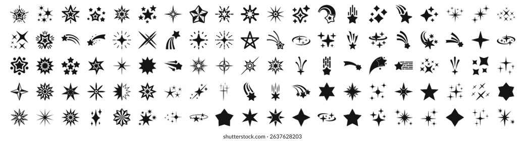  icons set. Collection of star icons representing shining stars, shooting stars, and other celestial elements, perfect for space, astronomy, or night sky themed projects