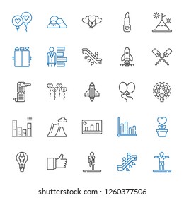 up icons set. Collection of up with stretching, escalator, like, hot air balloon, growth, bar chart, mountain, research, balloons, startup, scroll. Editable and scalable up icons.