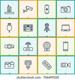 Icons Set. Collection Of Telephone, Notebook, Call And Other Elements. Also Includes Symbols Such As Call, Laptop, Surveillance.