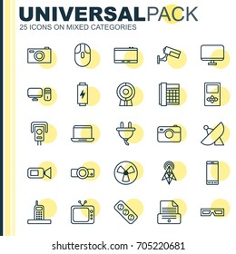 Icons Set. Collection Of Telephone, Surveillance, Extension Cord And Other Elements. Also Includes Symbols Such As Notebook, Socket, Radio.