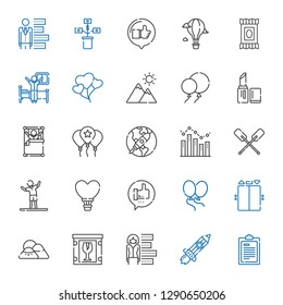 up icons set. Collection of up with test, rising, bar chart, fragile, mountain, elevator, balloons, like, hot air balloon, stretching, paddles. Editable and scalable up icons.