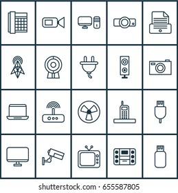 Icons Set. Collection Of Universal Serial Bus, Surveillance, Personal Computer And Other Elements. Also Includes Symbols Such As Telephone, Ventilator, Rotor.