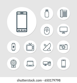 Icons Set. Collection Of Usb, Digital Camera, Cursor Mouse And Other Elements. Also Includes Symbols Such As Screen, Monitor, Usb.