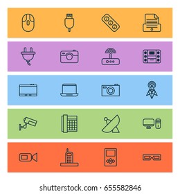 Icons Set. Collection Of Work Phone, Extension Cord, Antenna And Other Elements. Also Includes Symbols Such As Desktop, Cursor, Security.