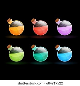 Icons set of colorful bottles with magic potion inside and with wooden stopper for game development. Asset for app user interface isolated on a black background.