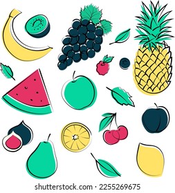 Icons set of colorful fruits and berries. Vector illustration. 