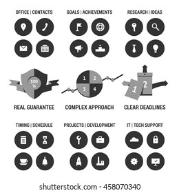 Icons set of company development area. Black.