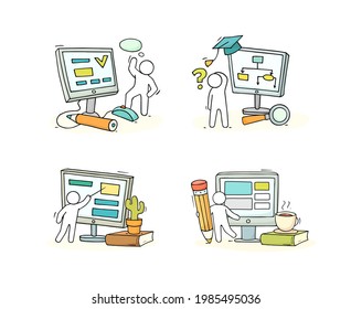 Icons set - computer class with studing little man. Doodle cute miniature of teamwork and learning symbols. Hand drawn cartoon vector illustration for school and distance education design.