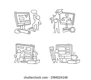 Icons set - computer class with studying little man. Doodle cute miniature of teamwork and learning symbols. Hand drawn cartoon vector illustration for school and distance education design.