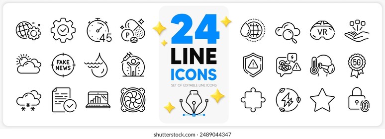 Icons set of Computer fan, Execute and Graph laptop line icons pack for app with Phosphorus mineral, Consolidation, Star thin outline icon. Vr, Timer, World water pictogram. Fake news. Vector