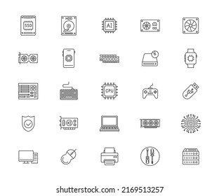 Conjunto de iconos de hardware informático. Icono de esquema simple. Ilustración vectorial.