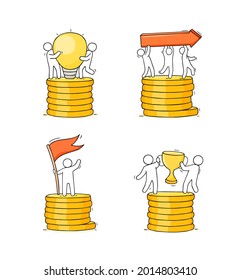 Icons set - concepts with workers and lamp idea, flag, arrow, cup. Cartoon icon about creative and finance. Hand drawn vector illustration for business design.