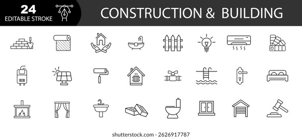 Icons set construction, home repair tools. Real estate set of web icons in line style. Editable stroke. Vector illustration