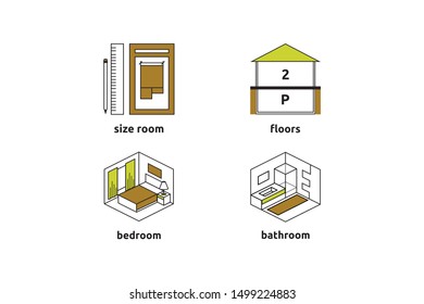 Icons set construction theme. Minimalistic icons with a minimum number of colors and lines. In the set of bedroom, bathroom, floors, layout