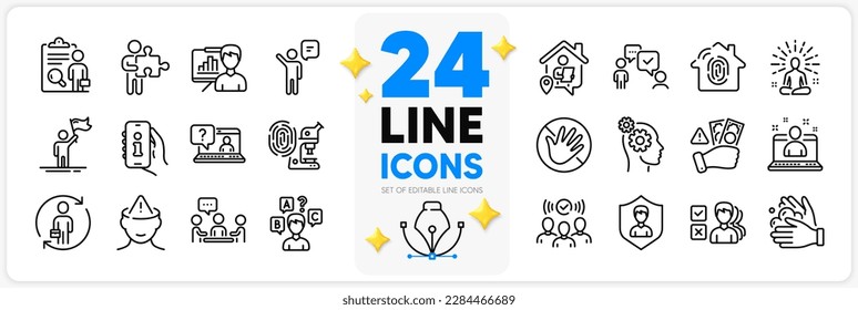 Icons set of Consulting business, Opinion and People chatting line icons pack for app with Support, Thoughts, Replacement thin outline icon. Fingerprint access, Agent. Design with 3d stars. Vector