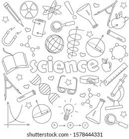 Icons set of contour icons on the subject of education and science, dark contour icons on white background