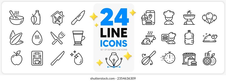 Icons set of Cook, Food and Table knife line icons pack for app with Latte, Coffee maker, Chef thin outline icon. Water drop, Sunflower seed, Food app pictogram. Croissant, Hot water. Vector