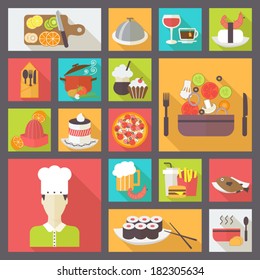Icons set for cooking, restaurant, fast food and menu. Flat design vector. 