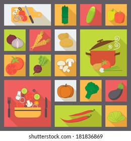 Icons set for cooking, restaurant, menu, vegetables and vegetarian food. Flat design vector. 